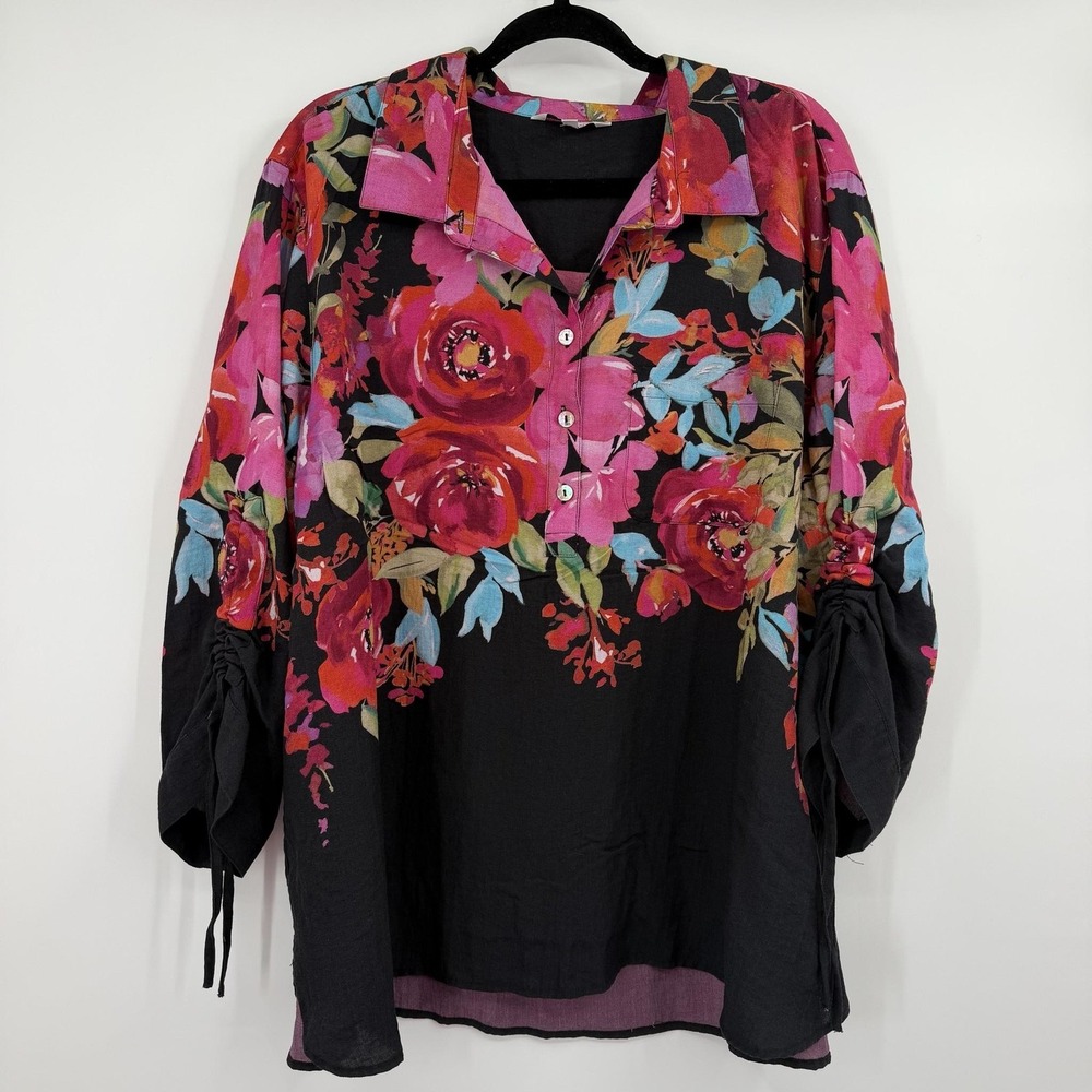 John Mark Tunic Top Womens 2X Black Floral Collared Roll Tab Sleeve Lightweight